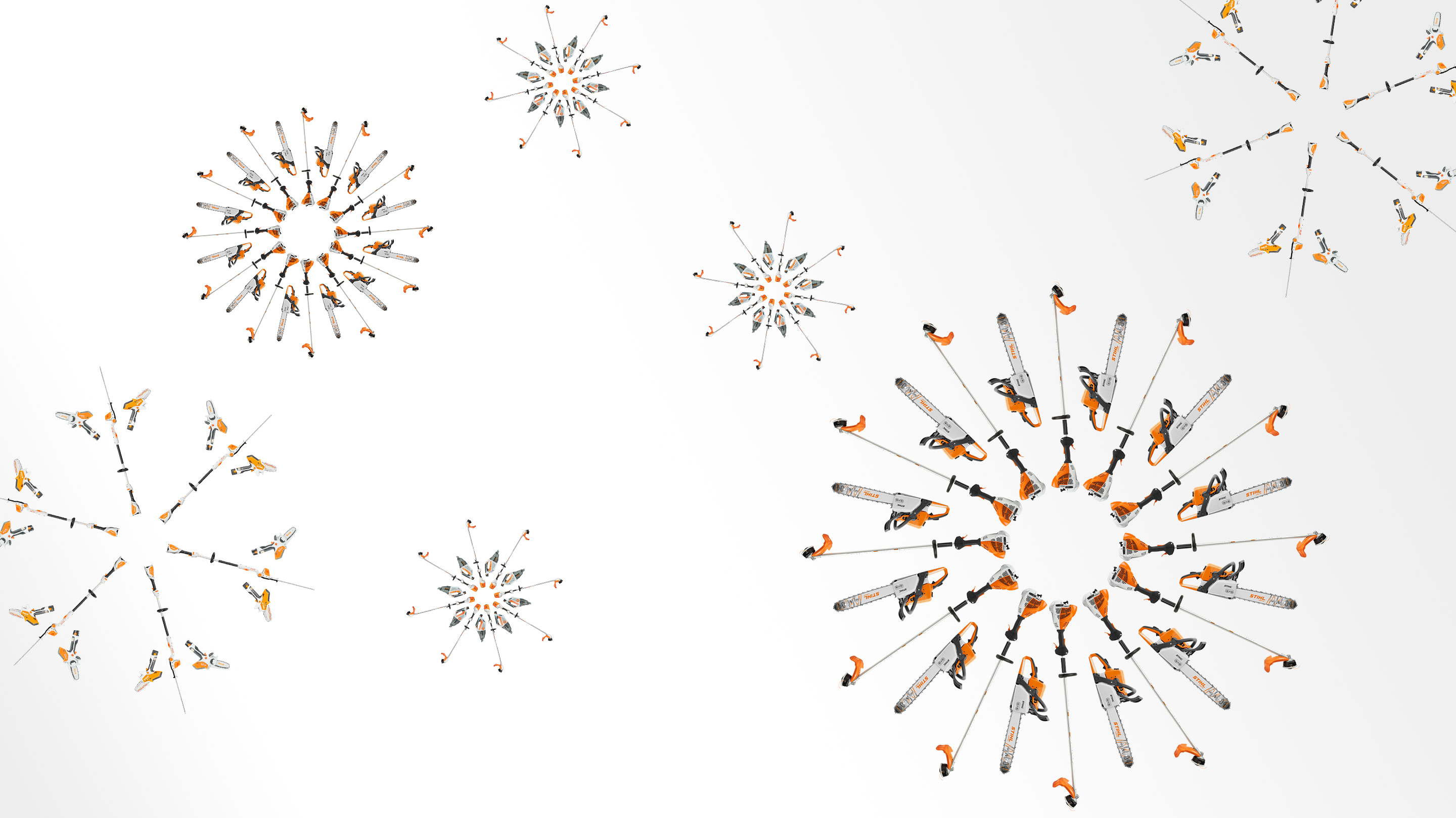 Płatki śniegu wykonane z narzędzi ogrodniczych STIHL.